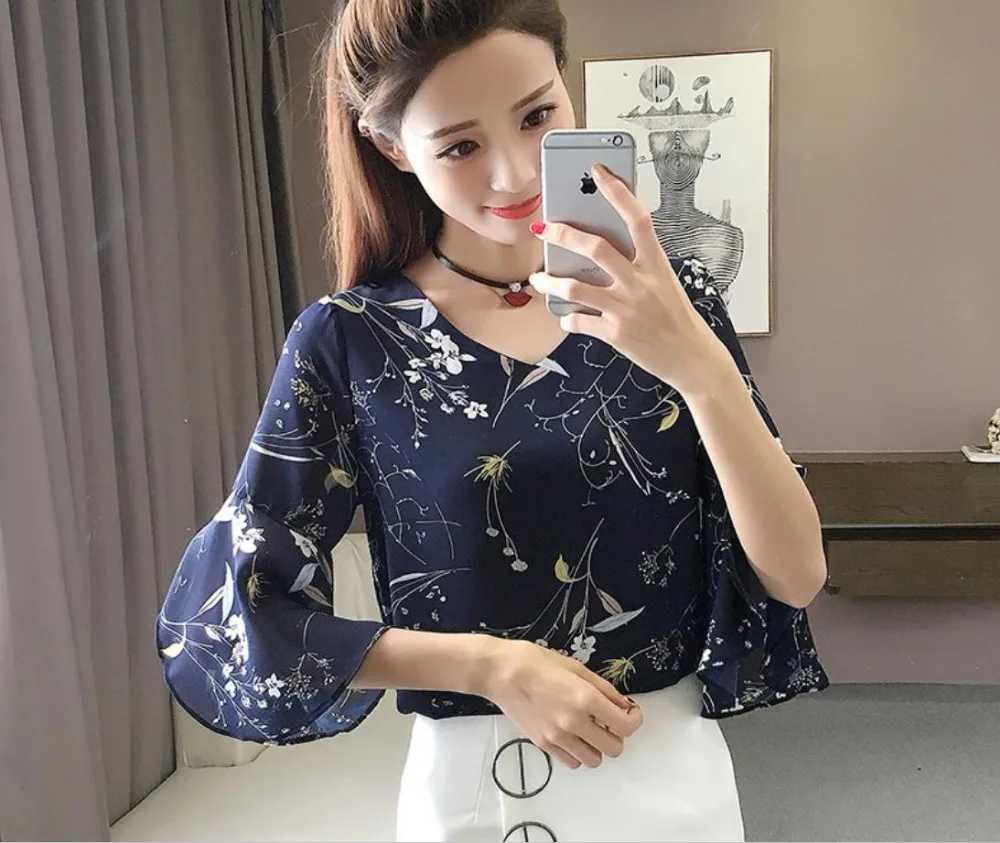 Женская шифоновая рубашка с цветочным принтом Свободный Топ тонким рукавом