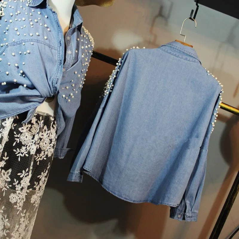 Новое поступление Для женщин джинсовая рубашка жемчужной пряжкой с длинными