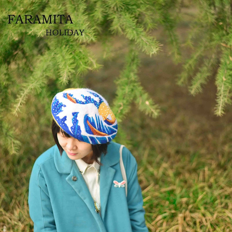 Faramita Holiday Kanagawa Surfing Women Painter Hat Girls Originality Wool Felt Hand Made Berets Manual Famous Paintings Hats