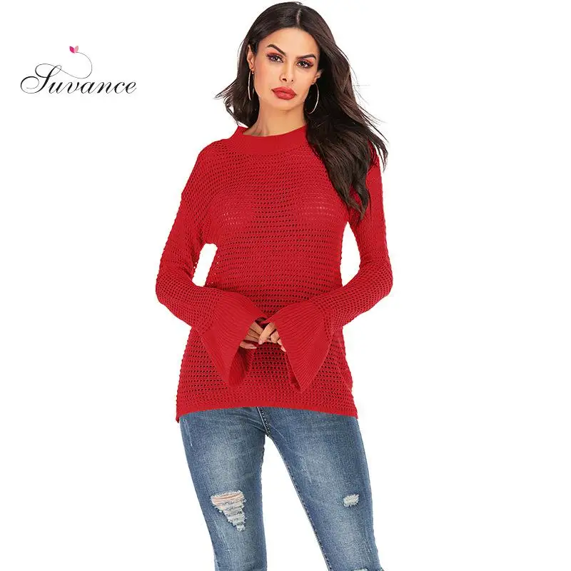 Suvance 2019 осенний Повседневный вязаный свитер с О-образным вырезом и расклешенными