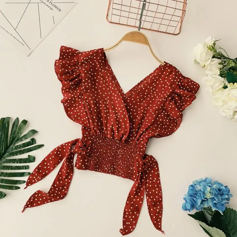 Женская блузка в горошек Элегантная короткая с V образным вырезом и рукавом