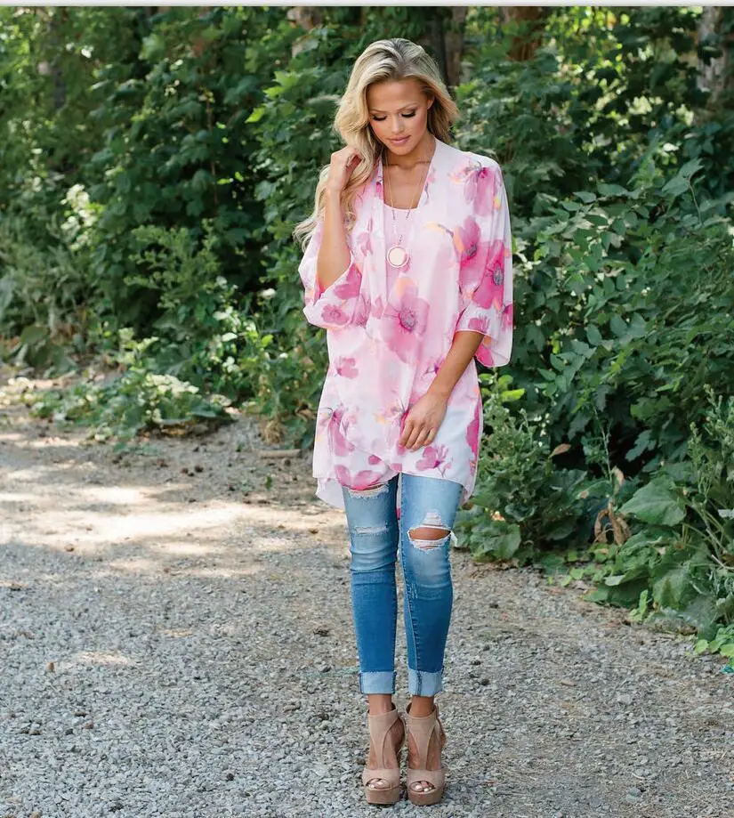 Sexe Mara Print Floral loose casual Womens Kimono Cardigan Shirt Beach Streetwear Top Female Summer elegant Tops and Blouses |