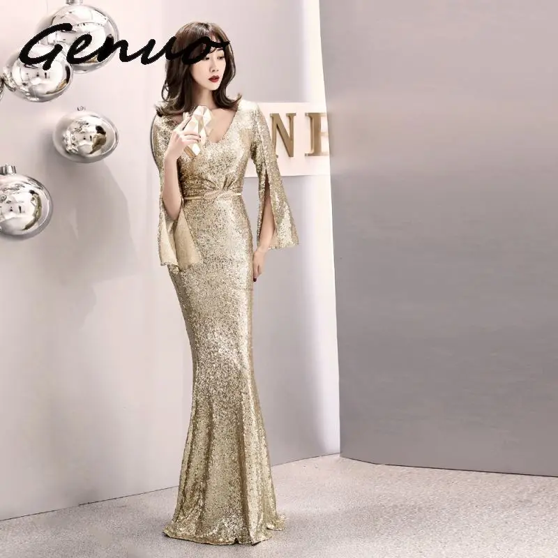 Genuo Elegant Party Dress Women Gold Silver Sequin Evening Party Gown Cloak Sleeves V Neck Belt Sexy Wedding Vestido de fiesta