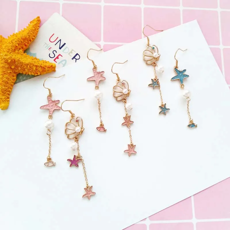 Original Japanese and Korean accessories source factory starfish shell dripping oil ear nail cartoon long tassel female earrings | Украшения