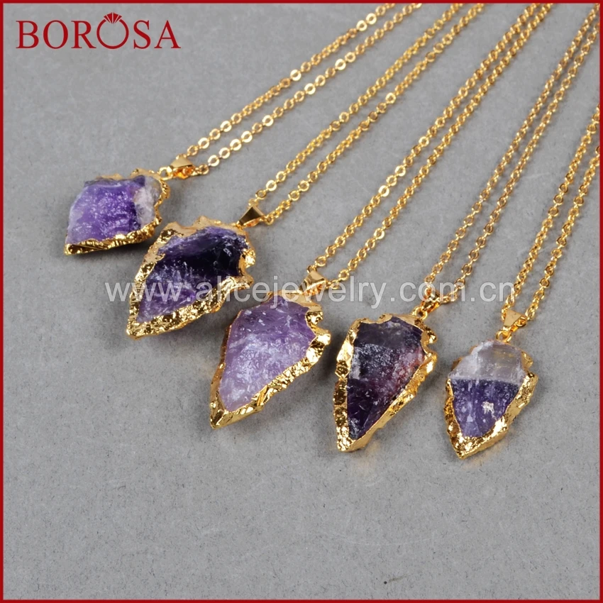 

BOROSA Gold Color Arrowhead Raw Natural Amethysts Pendant Necklaces 18inch Chains Natural Gems Stone Crystal Necklace for Women