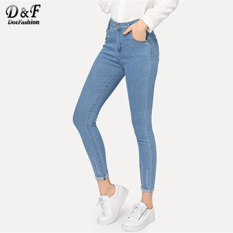 Dotfashion, синие,, однотонные, рваные, свернутые, обтягивающие джинсы, женские, с высокой талией, брюки, Осенние, повседневные, модные, на пуговицах, джинсовые брюки