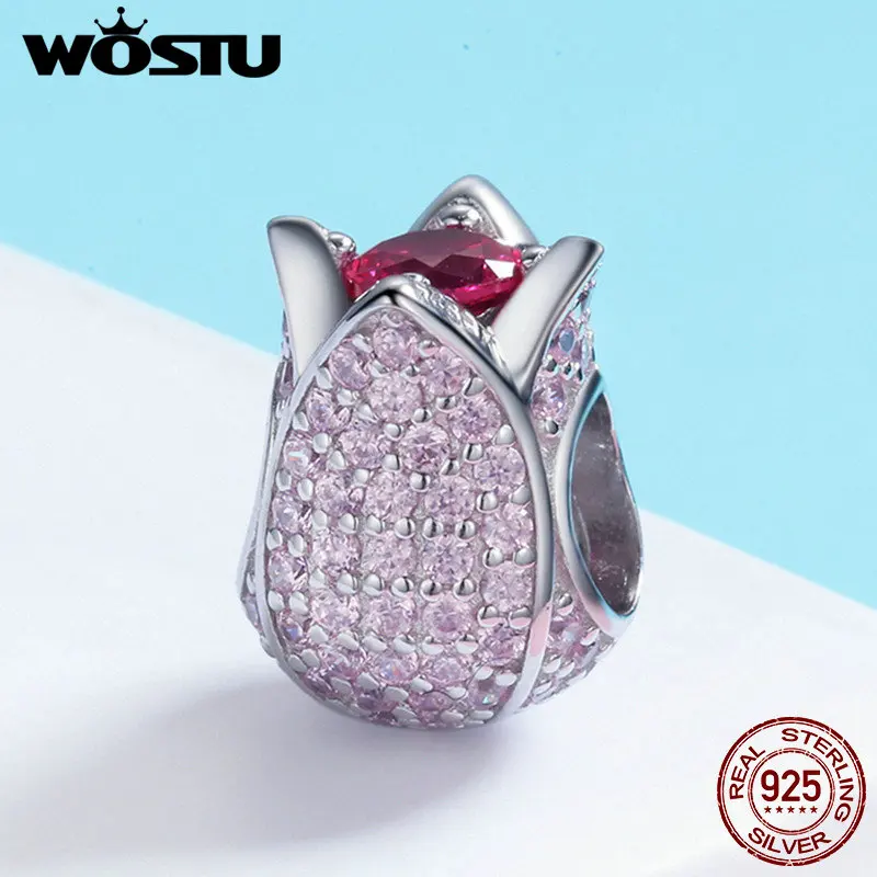 Бусина-Шарм для браслета WOSTU из серебра 100% пробы с розовыми цветами тюльпана CQC569 -