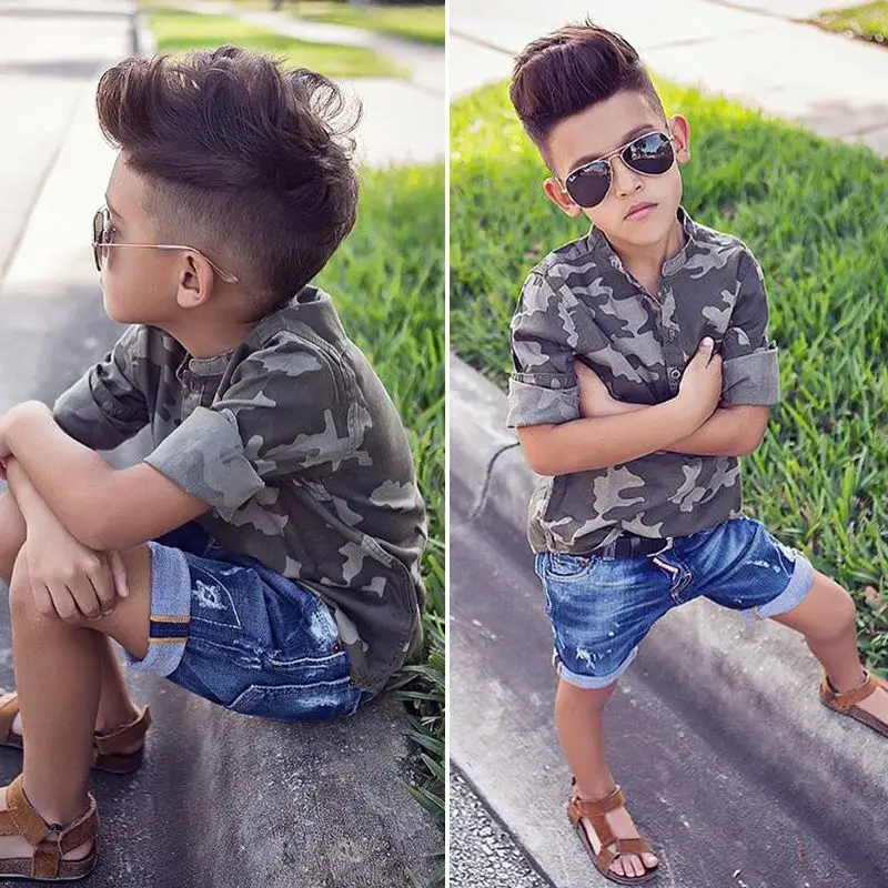 2pcs Toddler Kids Child Baby Boy Camo Shirt Tops Jeans Denin Pants Outfits Summer Set Casual Clothes 1-7Y | Детская одежда и обувь