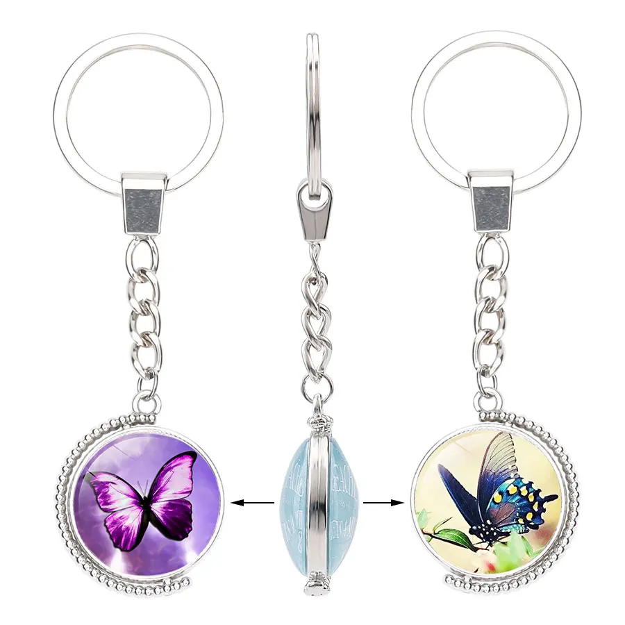 Colorful Retro Butterfly Art Picture Glass Cabochon Key Chain Double Sides Women Car Bag Ring Holder Accessory | Украшения и