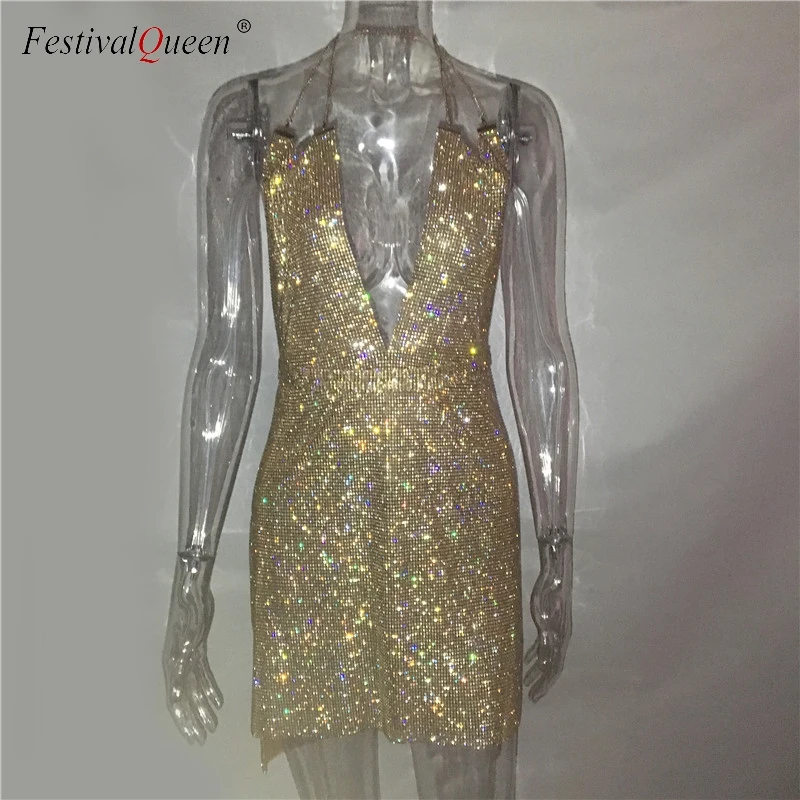 Женское мини платье с глубоким треугольным вырезом Festival Queen блестящее