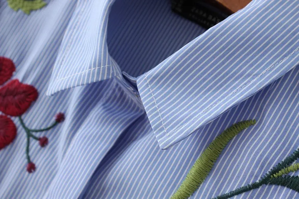 

Women Sleeve Flowers embroidered Shirt Womens Streetwear Clothing Femme Blusas Striped Shirts Blouse Top Spring