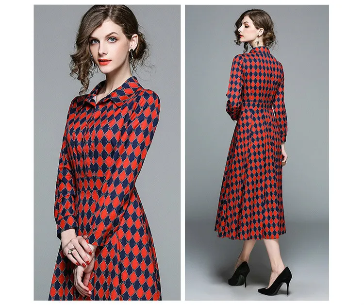 2018 новые весенние ромбовидная решетка Платье с принтом отложным воротником