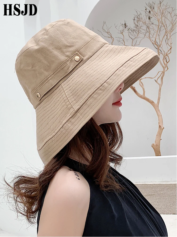 2019 New Women Summer Wide Brim Cotton Linen Sun Bucket Hat Fashion Casual Solid Color Female Anti-UV Beach Hats Plain | Аксессуары для
