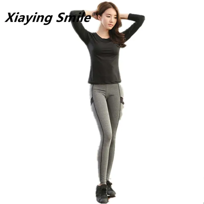 

Xiaying Smile Women Yoga Set Gym Fitness Clothes Tennis Shirt+Pants Running Tights Jogging Workout Yoga Leggings Sport Suit Plus