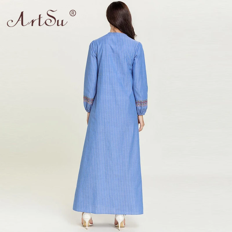 

ArtSu Elegant Women Striped Long Dress Lantern Sleeve Tie Neck Tassel Plus Size Robe Femme Casual Floral Embroidery Maxi Dress
