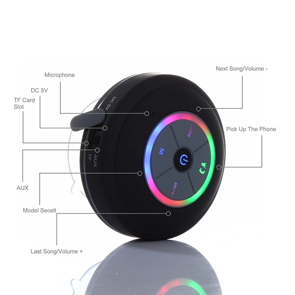 Открытый Bluetooth динамик на присоске водонепроницаемый беспроводной автомобильный мобильный телефон динамик Поддержка карты памяти с светодиодный светильник fm-радио