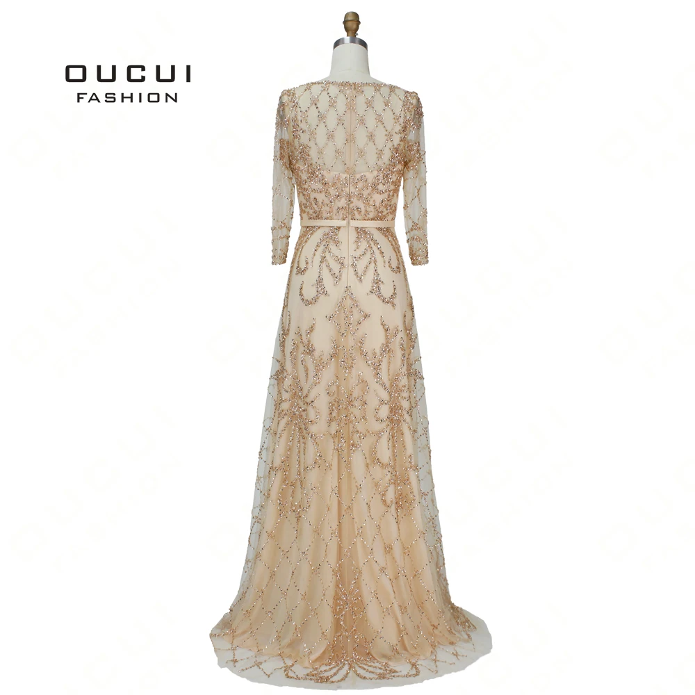 Plus Size Luxury Gown Muslim Sequined O-Neck Long Prom Dresses 2019 Full Beaded Gray Robe Soiree Tulle Gold Party Dress OL103391