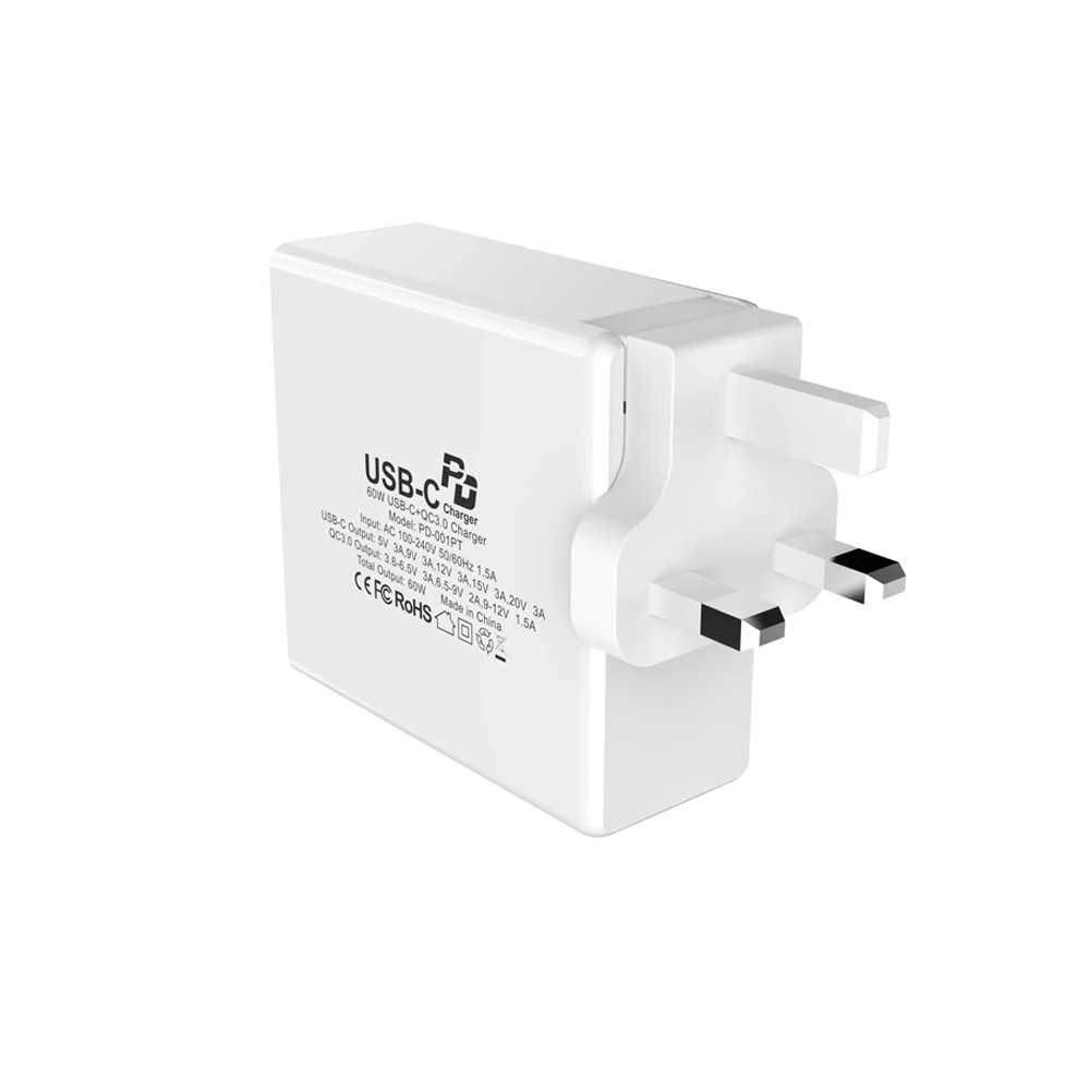 Адаптер типа C PD 60 Вт Быстрое Зарядное устройство USB EU US UK для мобильных телефонов