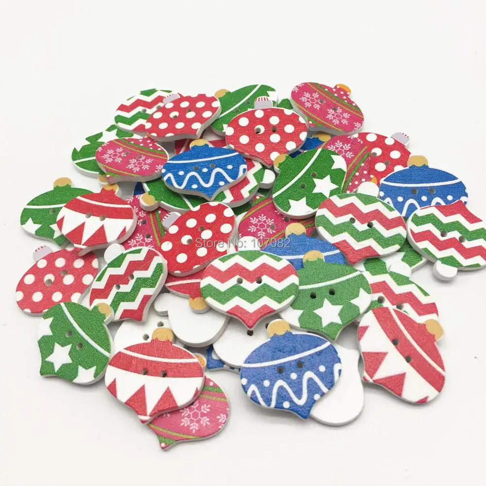 100pcs 25mm Lanterns Baubles Wood Christmas Buttons 2 Holes Baby Sewing Wooden Christmas Flatback Button Cardmaking