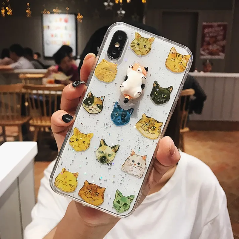 3D игрушечная кошка с наклейками мягкий прозрачный чехол для iPhone X XS XR MAX 6 6s Plus 8 7