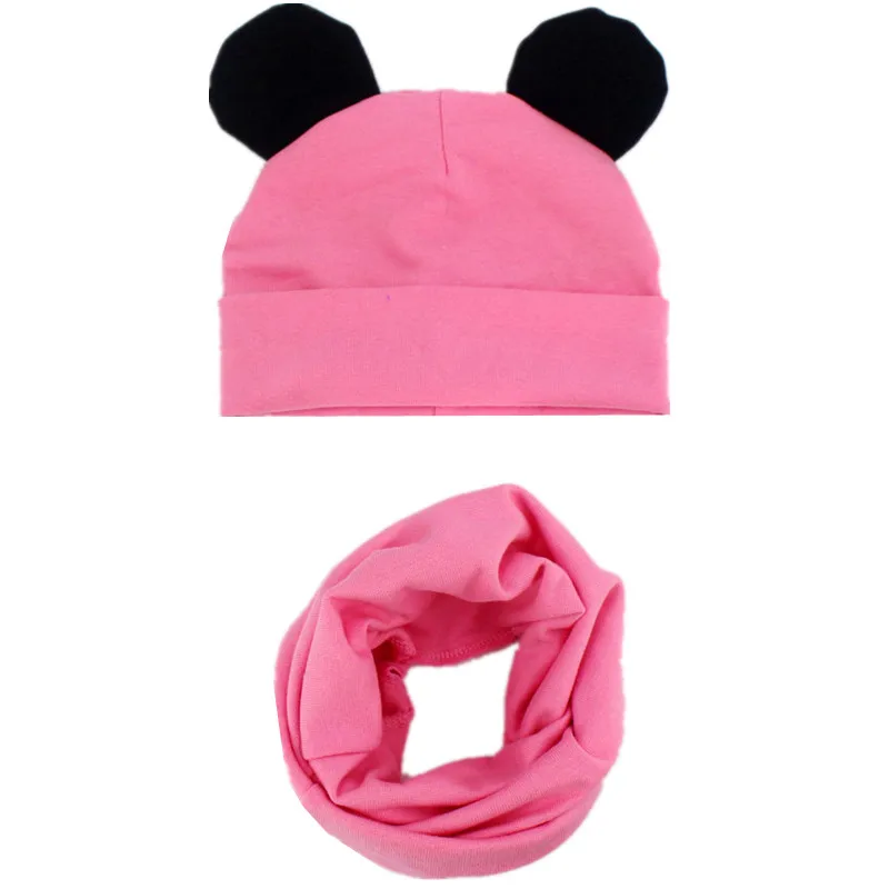 rose pink black Новая детская шляпа, шарф, комплект для малышей, милые шапки с ушками, шапочки, высококачественные хлопковые наборы шарф шапка детские шляпы, воротник, реквизит для фотографий - Цвет: rose pink black