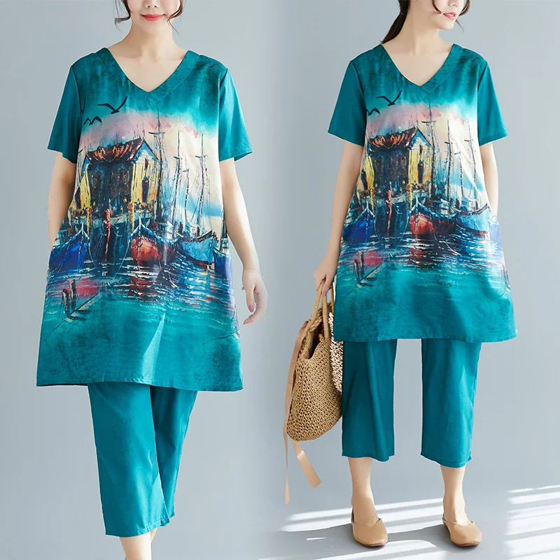 Женский комплект из двух предметов Модный летний топа с принтом и брюк