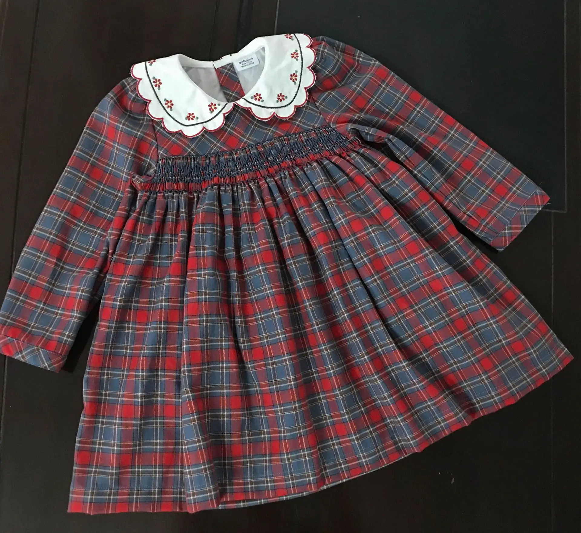 Toddler birthday dress long sleeve Peter pan color smocking cherry pattern toddler girls dress baby birthday outfits