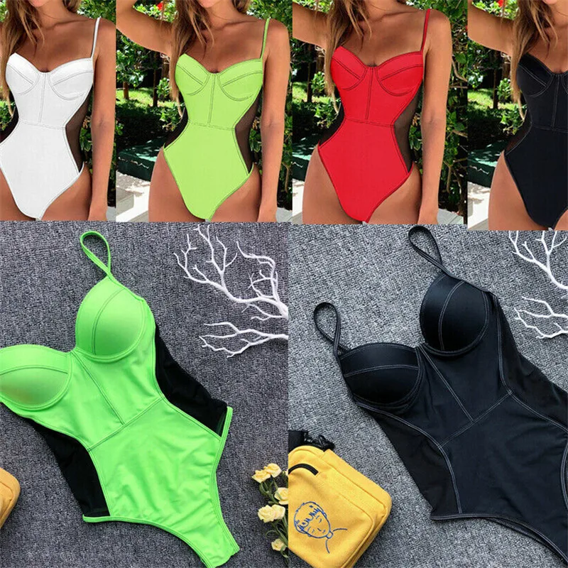 2019 Sexy Swimsuit Women Spaghetti Strap Side Mesh Patchwork Swimwear One Piece Bodysuit Push Up Bathing Suits Female Beachwear | Спорт и
