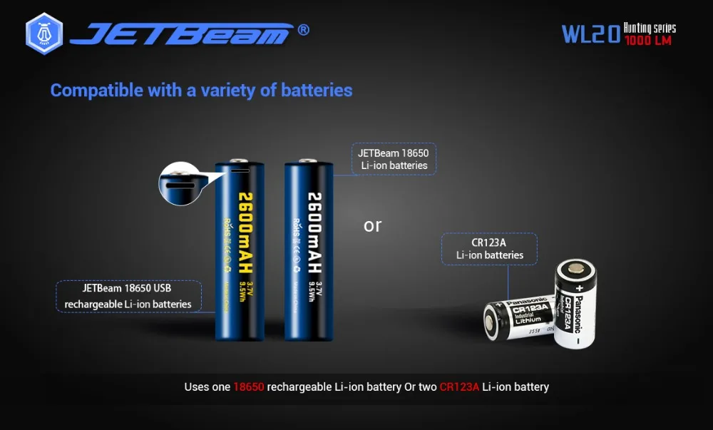 JETBEAM WL20 фонарик 1000 люмен с зарядным устройством USB 18650 2600 mah аккумуляторная батарея Трехместный выключатель света, белый, красный, зеленый