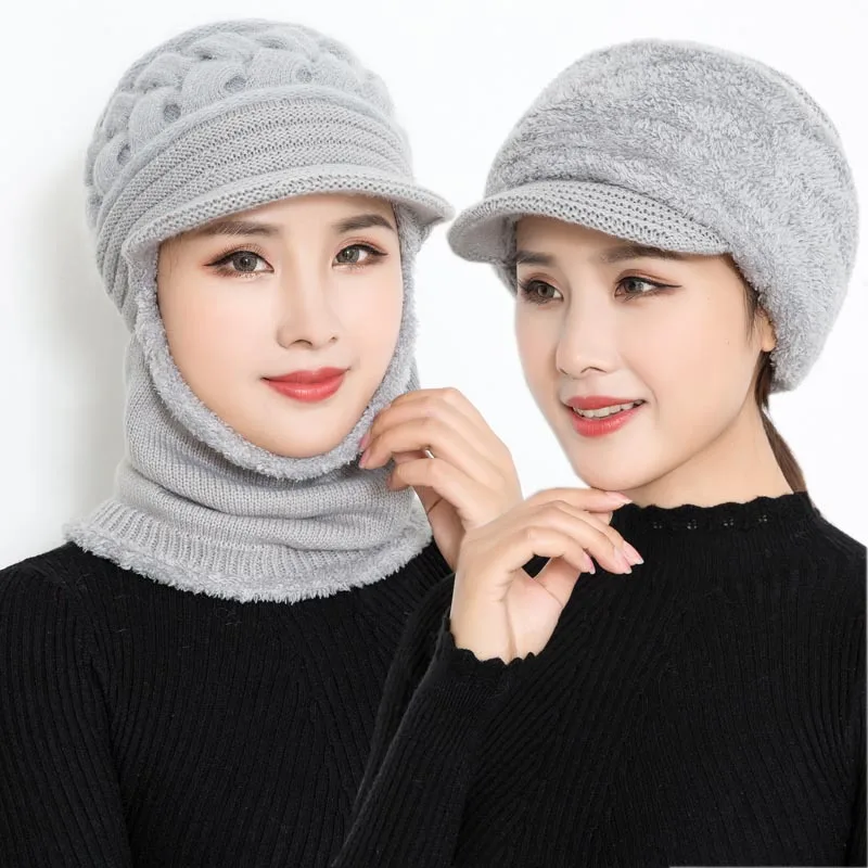Зимняя плюшевая шапка, вязаная шапка для женщин, маска, шарф Skullies Beanies, шапки для девочек, женская теплая Балаклава, мягкий шерстяной берет, шапка, шапки