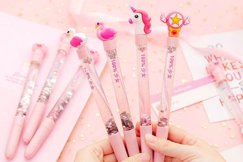 1 шт. симпатичная гелевая ручка в виде фламинго Kawaii блестящая жидкая Песочная ручка школьная Ручка для подписи подарочные канцелярские принадлежности
