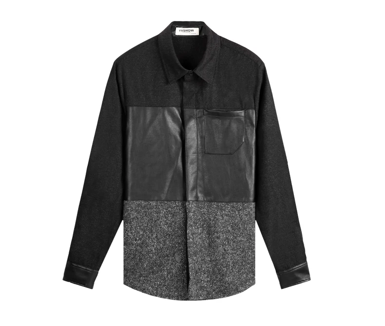 New 2016 Brand Autumn Men Slim Fit Long Sleeve Shirt Luxury Leisure leather Patchwork Male Formal Stylish camisa masculina | Мужская