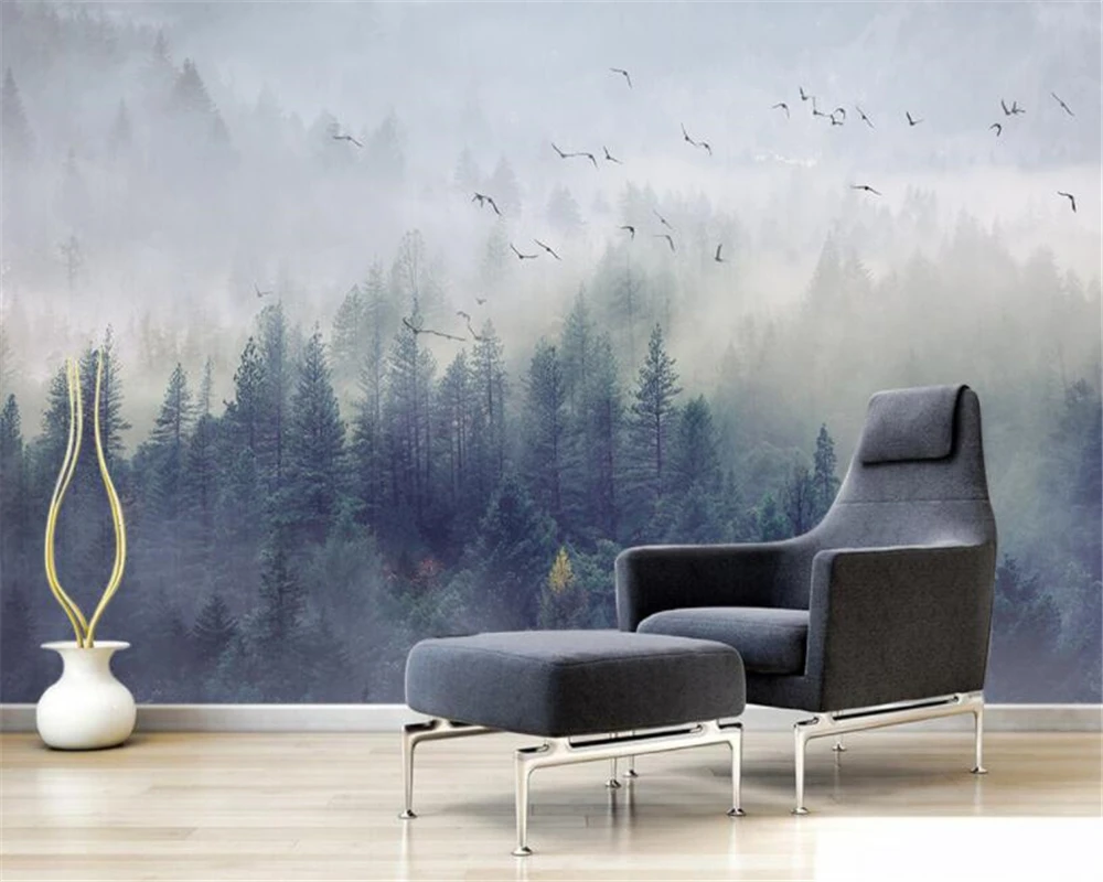 

Beibehang Custom wallpaper modern foggy forest cloud flying bird Nordic TV background 3d living room bedroom wall 3d wallpaper