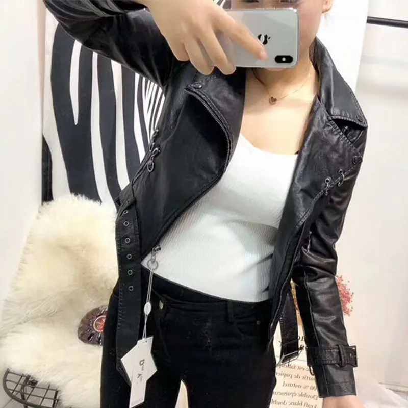 Женская байкерская куртка Lusumily Черная из искусственной кожи на молнии Chaqueta Mujer