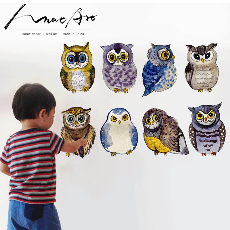 

Owl decoration kids room decoration Cartoon watercolor wall art painting Sticker Diy mural bedroom decor home decor living room