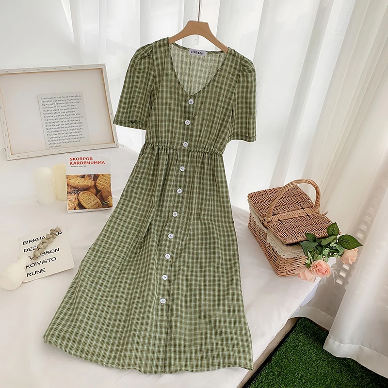 Green Клетчатые платья летние женские корейские японские консервативные Стильные платья с v-образным вырезом розовые красные вечерние винтажные платья-рубашки с цветочным принтом из хлопка - Цвет: Green