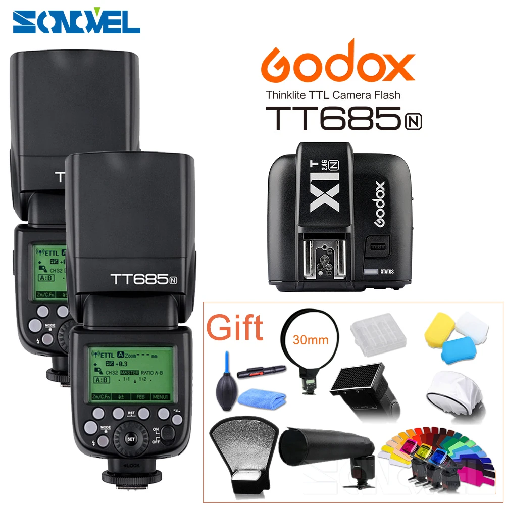 2x Godox TT685N 2 4G Высокоскоростная синхронизация 1/8000s i TTL GN60 Беспроводная вспышка +