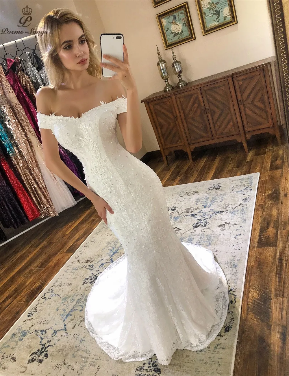 PoemsSongs new style boat neck beautiful lace wedding dress 2021 Vestido de noiva Wedding gowns Mermaid |