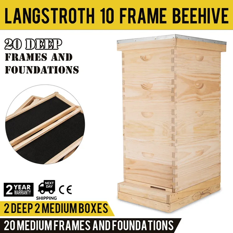 Безопасная и удобная коробка Lang Bee Hive 10 Frame 2 Deep 2 Medium(включает все рамки и основы) четыре слоя