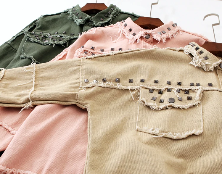 Chaquetas mujer Заклепки джинсовая куртка Свободная джинсовая куртка женская с длинным рукавом бомбардировщик куртка осень женская джинсовая пальто veste femme