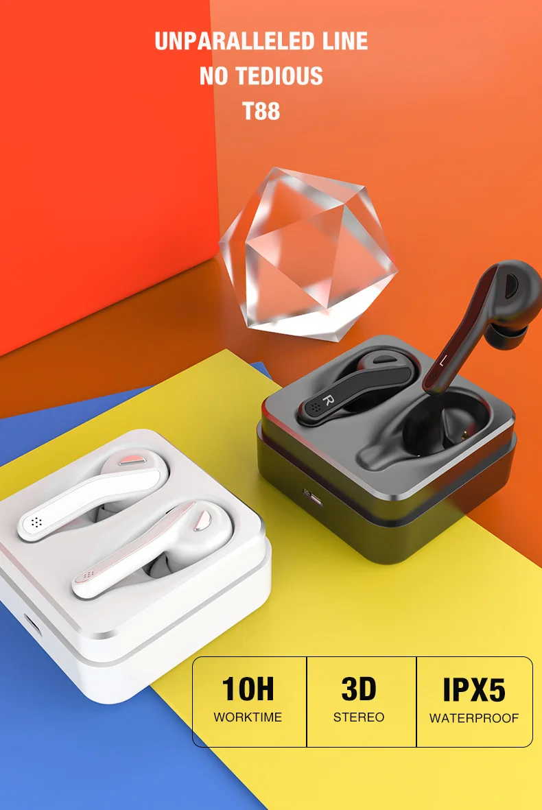 T88 Bluetooth гарнитуры 5,0 Беспроводной гарнитура наушники-вкладыши TWS с Наушники Hi-Fi стереонаушники Шум микрофон с функцией шумоподавления для iPhone и Android телефон