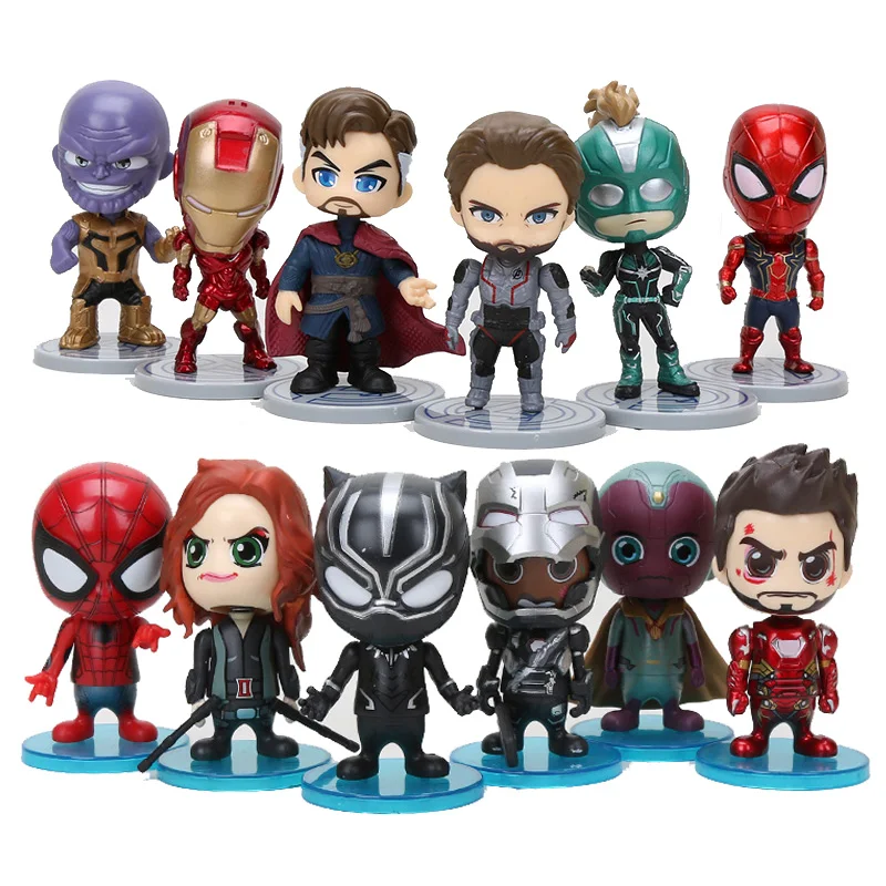 6 шт. Marvel Мстители Капитан Америка танос Карол Дэнверс ПВХ игрушки; фигурки героев Железный человек паук качающейся головой модель куклы