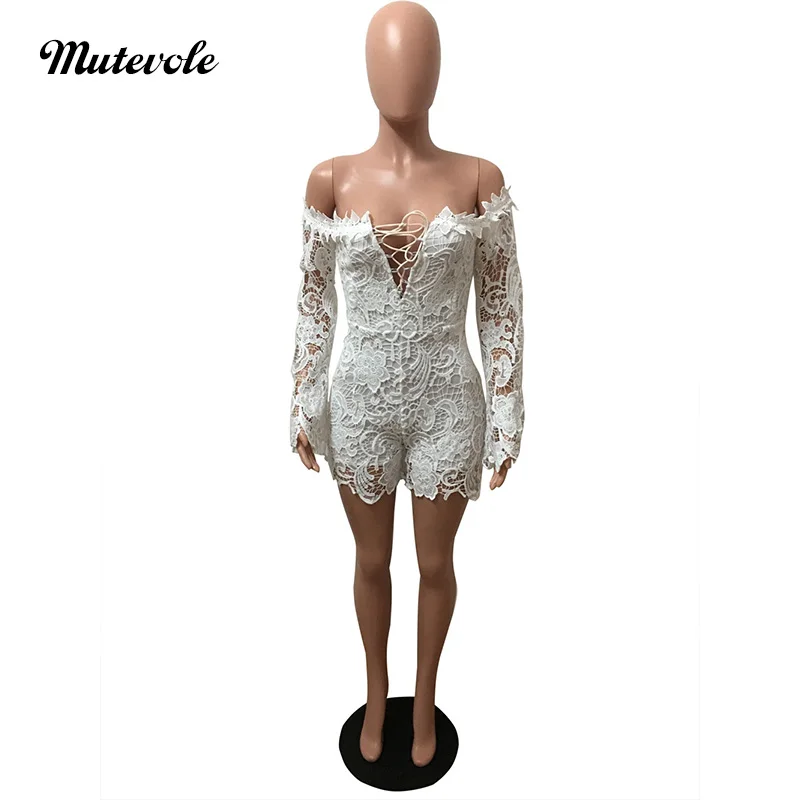 Mutevole сексуальный с открытыми плечами белый кружевной комбинезон для женщин