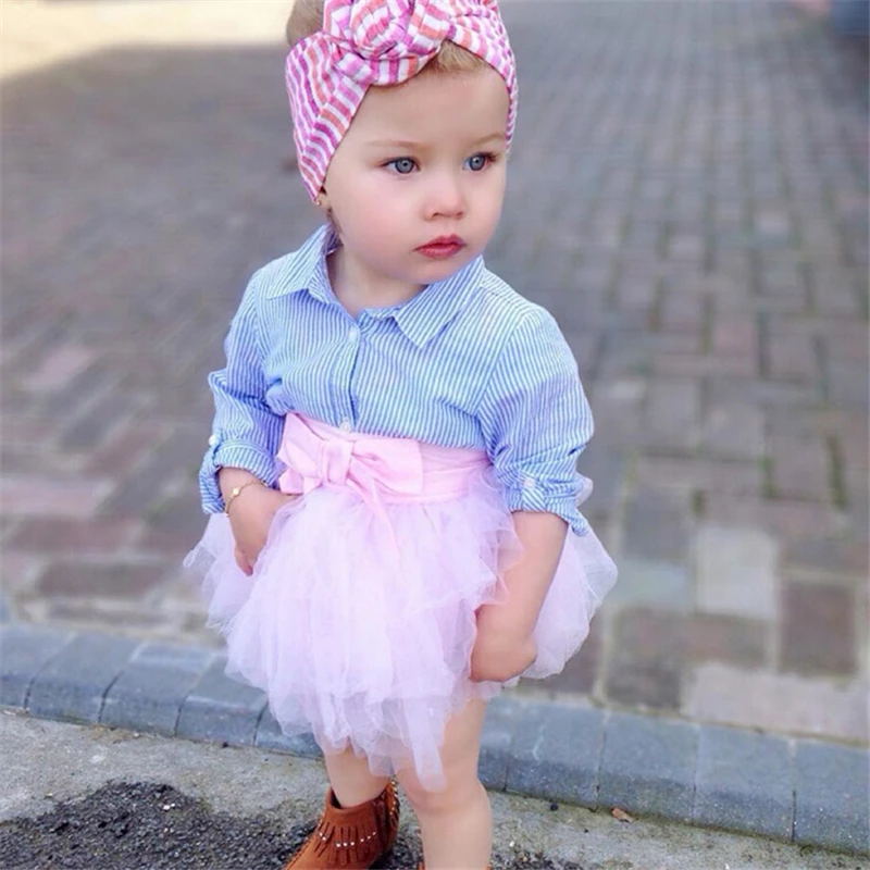 Emmababy 0-5Y Kid Baby Girls Blue striped formal shirt +pink Lace Tutu Skirt baby girl clothing cotton Outfits Clothes Set | Детская