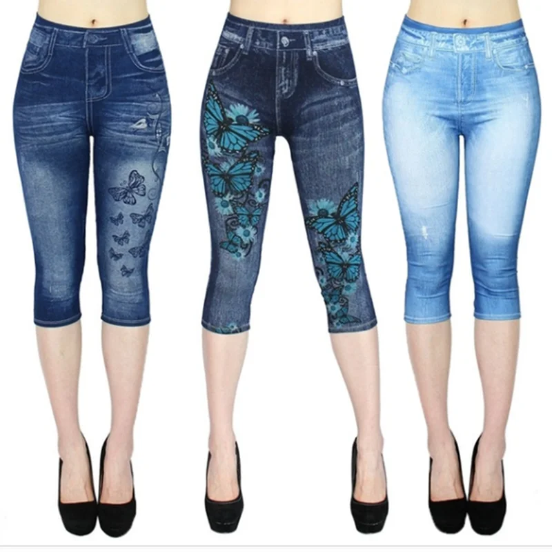 

2019 Imitation Leggings Cropped Trousers Women Mock Pocket Pants Slim Jeggings Denim Skinny plus size