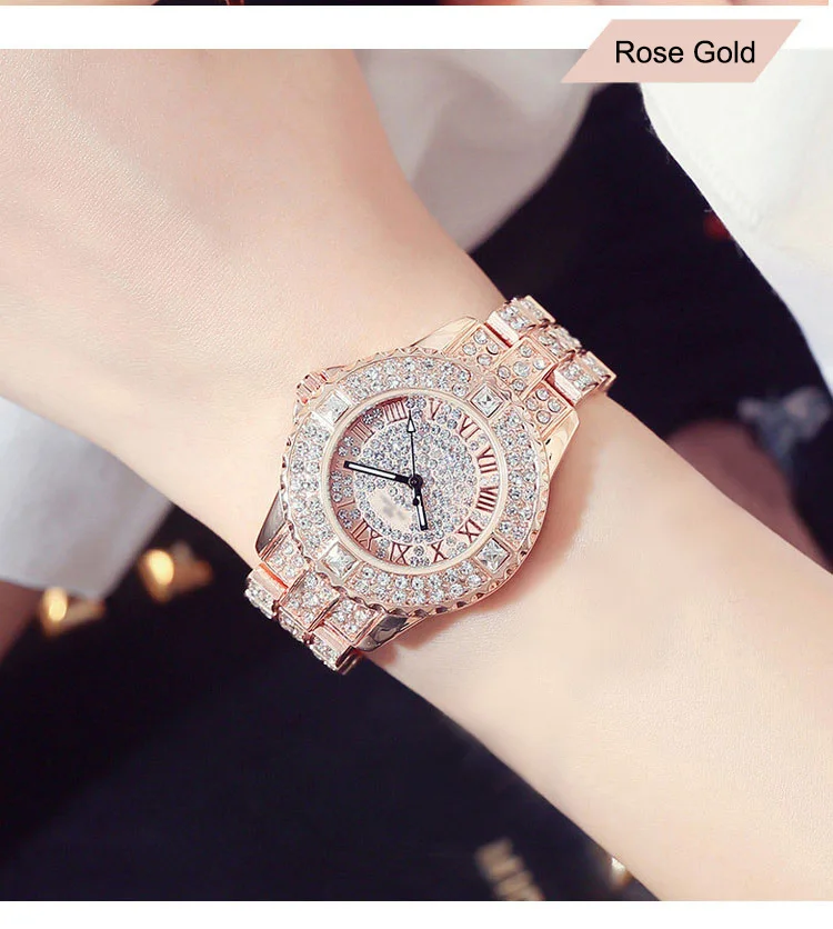 Rose Gold Новые Роскошные Стразы Часы-браслет Для женщин со стразами модные женские туфли из розового золота платье часы Нержавеющая сталь с украшением в виде кристаллов наручные часы - Цвет: Rose Gold