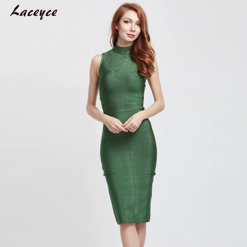 Laceyce 2018 New Arrival Elegant Bodycon Above O-Neck Knee-length Green Rayon Sexy Cap Bandage Dress Evening party dresses | Женская