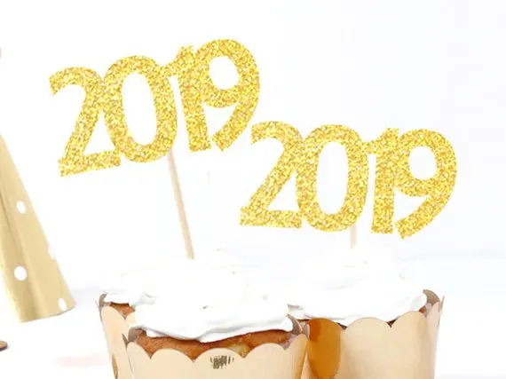 Набор из 12 шт. золотистых блестящих 2019 топперов для кексов зубочисток палочек