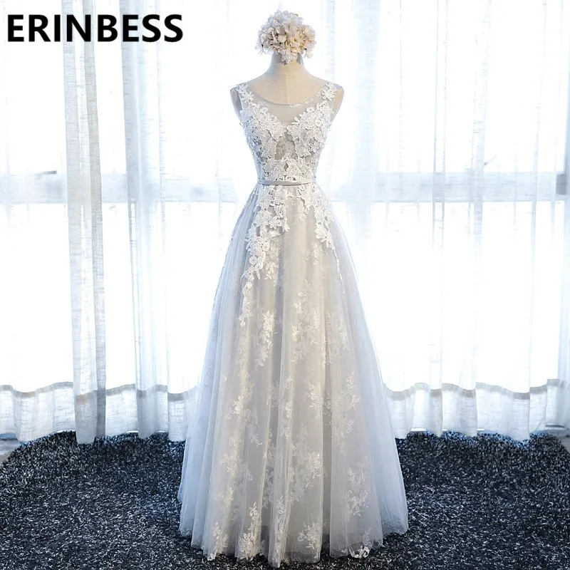 Vestido de festa реальные фотографии, серые кружевные вечерние платья трапециевидной формы с круглым вырезом, рукавами-крылышками, аппликацией и поясом, тюлевые вечерние платья