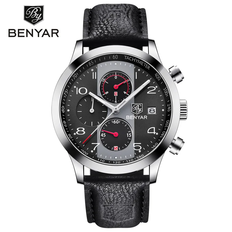leather black B BENYAR Новая мода Хронограф Спортивные часы для мужчин кожаный ремешок бренд кварцевые синие часы Relogio Masculino Reloj Hombre - Цвет: leather black B
